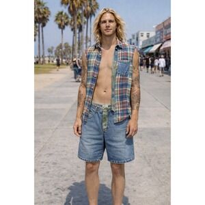 GUESS Men's Vintage Y2K Denim Green Jeans Shorts, Size 36 Wide-Leg Street Wear‎